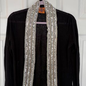 TORY BURCH QUINCY BLACK OPEN FRONT SWEATER CARDIGAN WITH SILVER SEQUINS SZ S